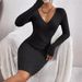 Striped Knit Bodycon Mini Dress – Slim Fit Deep V-Neck Long Sleeve_ecoleips.com