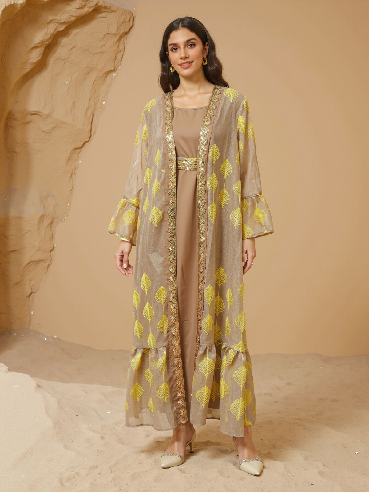 Middle Eastern Women's Fashion Muslin Sequin Gold Edged Embroidered Yarn Robe Two Piece Set_ecoleips.com