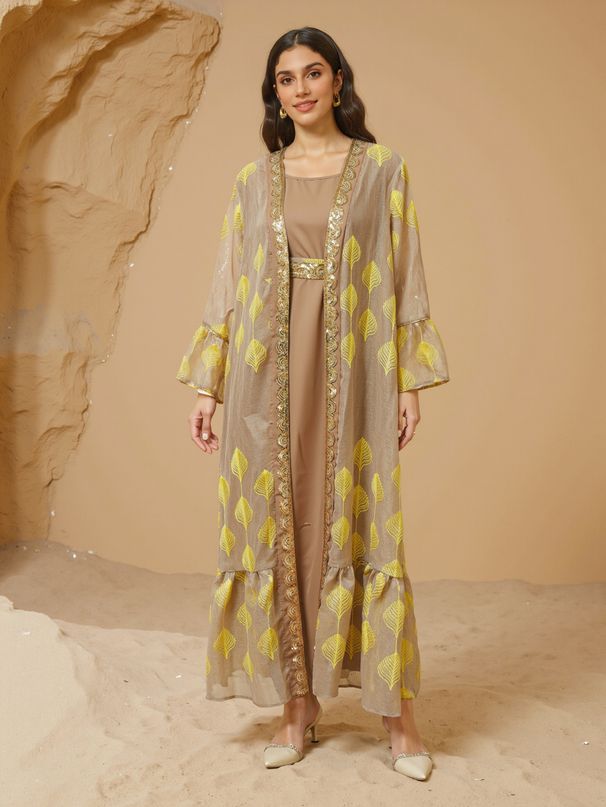 Middle Eastern Women's Fashion Muslin Sequin Gold Edged Embroidered Yarn Robe Two Piece Set_ecoleips.com