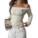 Women's Clothing Off-Shoulder Knit Sweater With Rope Embroidery - Elegant Twist Detail Pullover For Women, Soft Polyester Blend Long Sleeve Top_ecoleips.com