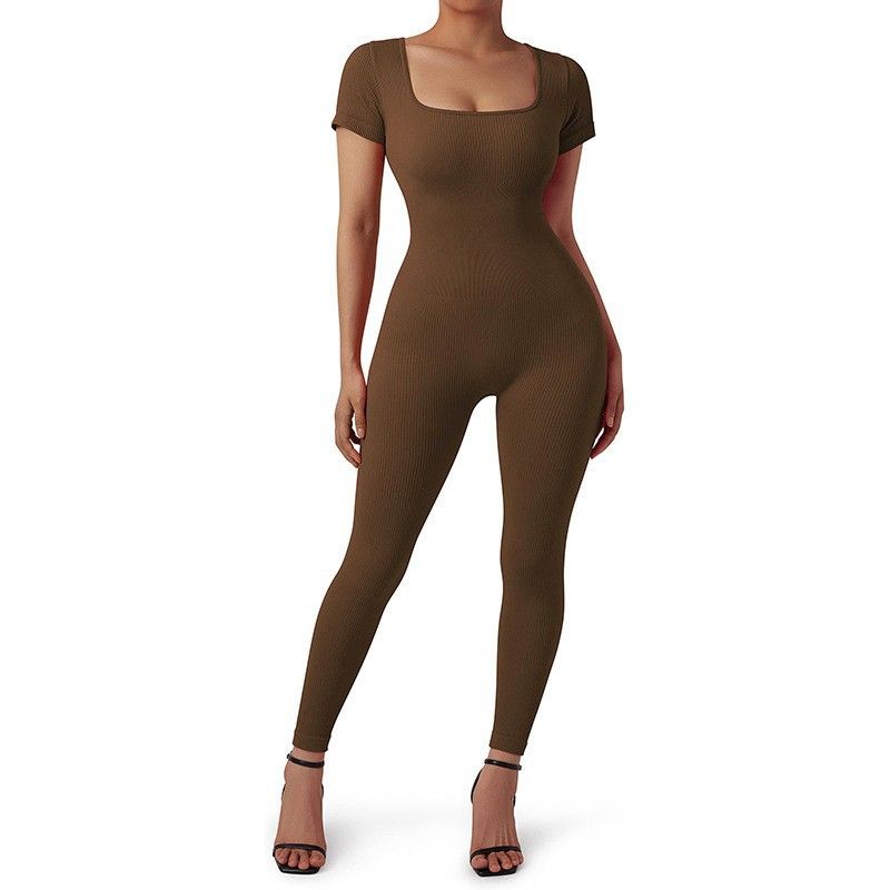 Women's Clothing New Short Sleeved Trousers Jumpsuit With Chest Pads Fitness Clothes Seamless Thread Yoga Jumpsuit_ecoleips.com