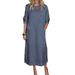 Autumn And Winter Women's Cotton Linen Solid Color Casual Round Neck Double Side Pocket Long Dress_ecoleips.com