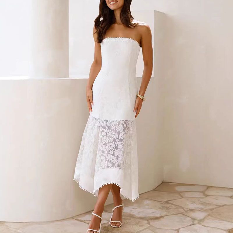 New Women's Elegant Slim Fit Wedding Dress Casual Backless Embroidered Holiday Dresses White Strapless Hollow Lace Long Dress_ecoleips.com