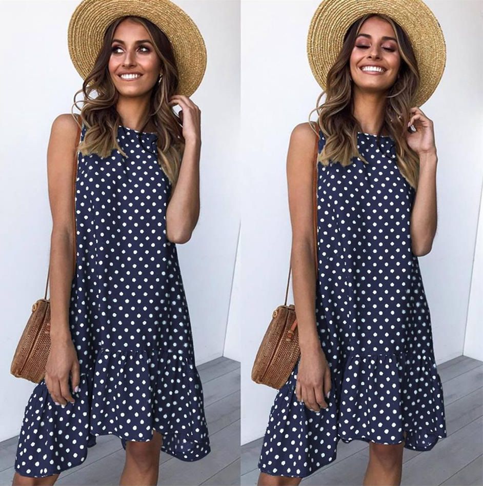 2026 Women Round Neck Sleeveless Polka Dot Dress, Loose Big Swing Ruffled Casual Dress_ecoleips.com