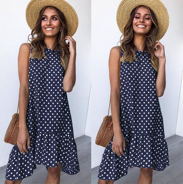 2026 Women Round Neck Sleeveless Polka Dot Dress, Loose Big Swing Ruffled Casual Dress_ecoleips.com