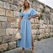 Women's Solid Color Deep V Neck Smocked High Waist Maxi Dress With Side Slit – Casual Flowy Summer Gown_ecoleips.com