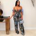 Women's Clothing printed oil painting pattern strap drawstring multi-pocket pants suit_ecoleips.com