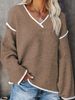 Women's Oversized V-Neck Knit Sweater With Contrast Trim, Casual Loose Fit Pullover Top For Fall & Winter_ecoleips.com