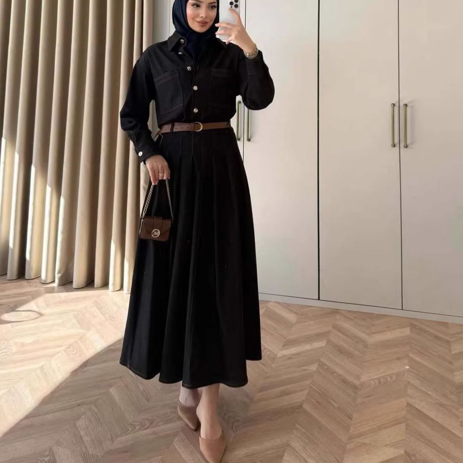 Women's Long Sleeve A-Line Dress - Stretchy Polyester High Waist Maxi Dress With Scarf Collar (XS-XXXL, Black & Coffee)_ecoleips.com