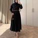 Women's Long Sleeve A-Line Dress - Stretchy Polyester High Waist Maxi Dress With Scarf Collar (XS-XXXL, Black & Coffee)_ecoleips.com