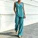 European And American Women's Casual V-neck Sleeveless Cotton And Linen Top And Wide Leg Pants_ecoleips.com