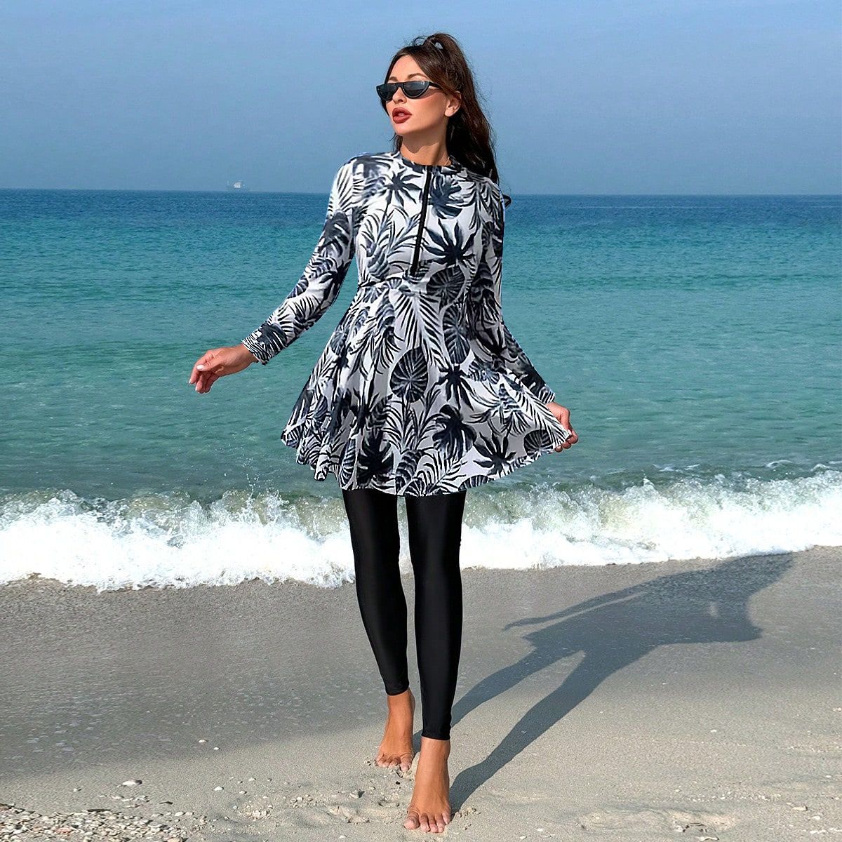 Muslim Swimsuit Leaf Pattern Long Sleeve Swimsuit Set European And American Style Women's Fashionable Swimwear One Piece Swimsuit For Adults_ecoleips.com