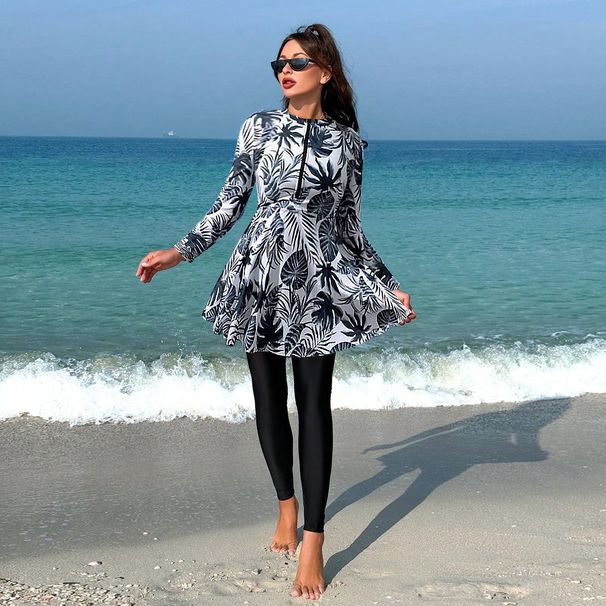 Muslim Swimsuit Leaf Pattern Long Sleeve Swimsuit Set European And American Style Women's Fashionable Swimwear One Piece Swimsuit For Adults_ecoleips.com