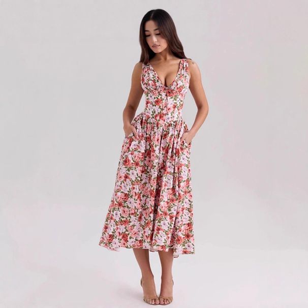 Women's Floral Sundress Slim Fit Summer Vacation Party Dress European American Style Cross Border Sweet Fresh Design_ecoleips.com