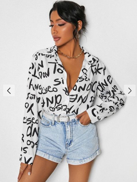 Women's Letter Print Button Front Shirt Casual Long Sleeve Top For Spring Fall_ecoleips.com