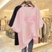 Women's Clothing Plus Size Clothes Pink Cotton T-Shirt Summer Short-Sleeved Heart-Shaped Print Mid-Length Loose Fit Fashionable Casual Wear_ecoleips.com