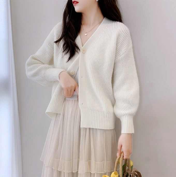 French V-Neck Candy Color Long Sleeve Cardigan Women's Loose Knit Sweater Coat Casual Elegant Outerwear_ecoleips.com