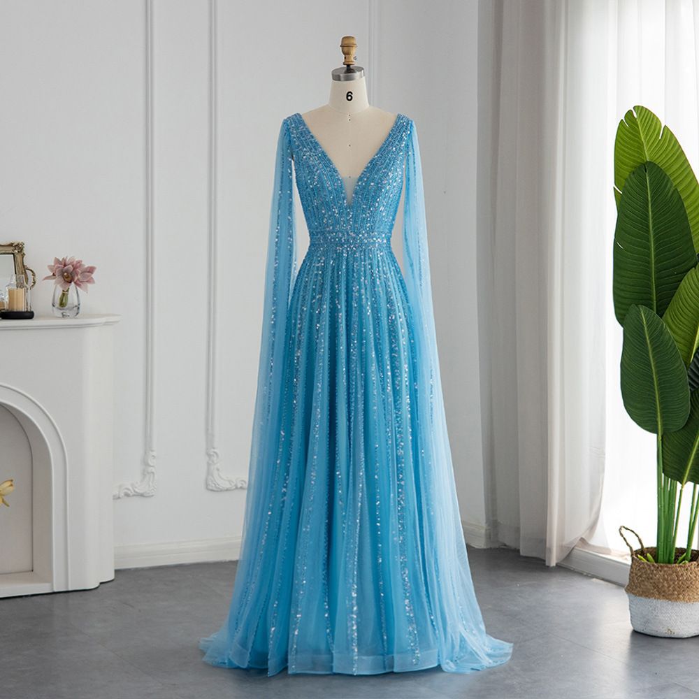 Women's Clothing Luxury Floor-Length Evening Gown With Flowing Sleeves – Slimming V-Neck, Waist-Cinching Design (Champagne/Pink/Blue/Green)_ecoleips.com