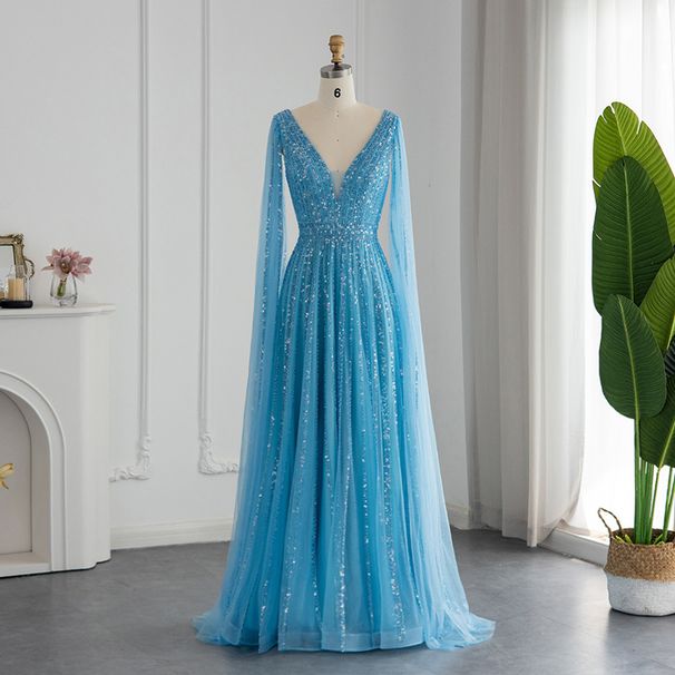Women's Clothing Luxury Floor-Length Evening Gown With Flowing Sleeves – Slimming V-Neck, Waist-Cinching Design (Champagne/Pink/Blue/Green)_ecoleips.com