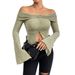 Voya Women's 2026 Autumn/Winter New Collection: One Word Collar, Split Horn Sleeve, Long Sleeve Knitted T-shirt, Sexy Top_ecoleips.com