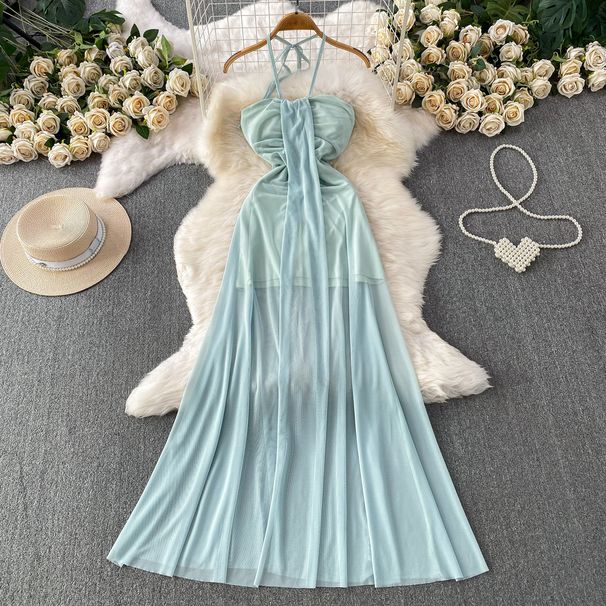 Elegant Chic Halter Neck Dress European American Style Summer Slim Fit Long Dress with Bra Pads Women's Clothing_ecoleips.com