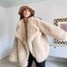 Women's Faux Fur Coat – Longline Fox-Inspired Jacket With Notched Lapel (Khaki, Mid-Length, Oversized Pockets)_ecoleips.com