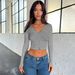 Cross-border Bestseller Ribbed Base Shirt Button-up Cardigan Regular Shoulder T-shirt 2025 New Sexy Cropped Y2K Women's_ecoleips.com