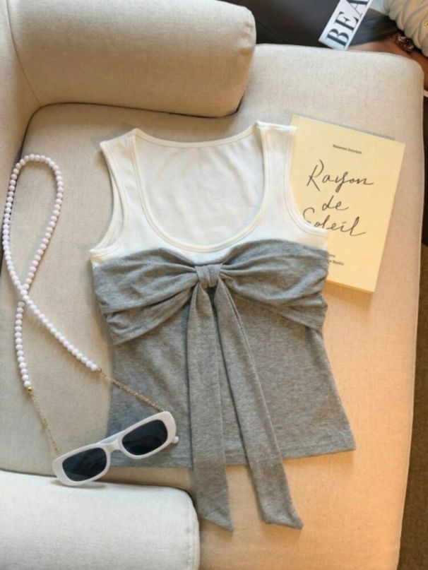 Retro Color-Block Bowknot Tank With Chest Pads, Slim Fit For Spring And Summer, Niche Sexy Pure Desire Knit Tube Top_ecoleips.com