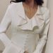 Women's Elegant Slim Fit Dress European American Style V Neck Bell Sleeves Ruffles Single Breasted Buttons Spring 2026 French Style_ecoleips.com