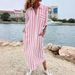 Women's Clothing Casual Stripe Shirt Dress With Zipper Pockets, Long Sleeve Relaxed Fit A-Line Tunic Dress_ecoleips.com