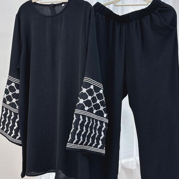 Verve Women's Muslim Clothing Abaya Embroidered Top With Wide-Leg Pants Two-Piece Set_ecoleips.com