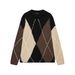 Vintage Lazy Wind Rhombus Pattern Color Matching Round Neck Pullover Knitted Sweater_ecoleips.com