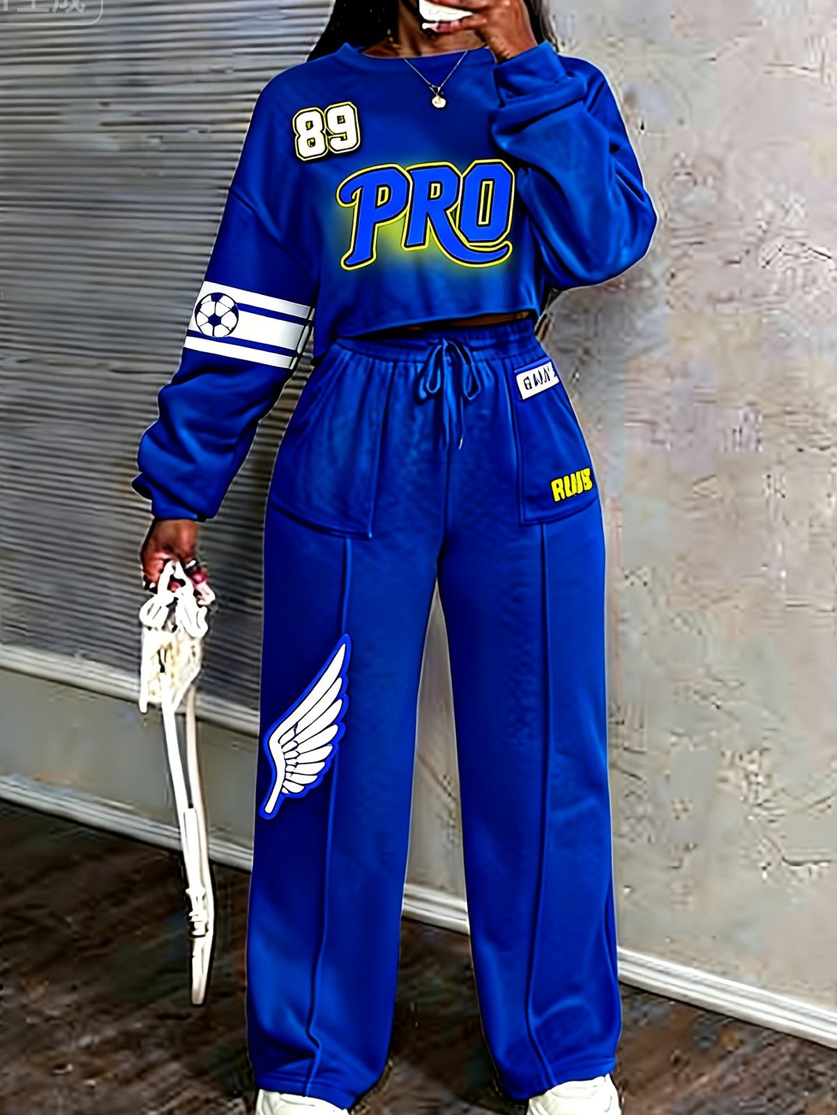 Women's Retro Letter Tracksuit Set Casual Two-Piece Outfit With Raglan Sleeve Cropped Sweatshirt And Jogger Pants_ecoleips.com