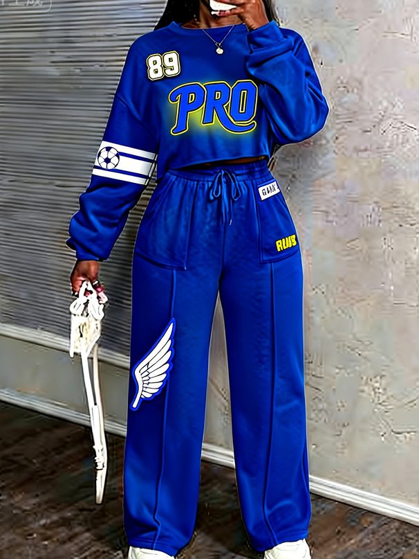 Women's Retro Letter Tracksuit Set Casual Two-Piece Outfit With Raglan Sleeve Cropped Sweatshirt And Jogger Pants_ecoleips.com