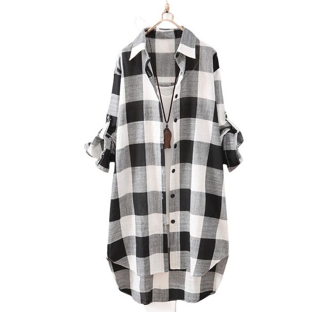 Women's Sun-Protective Shirt, Mid-Length Dress, Plus-Size Fashion, Loose Fit, Slimming Effect, Stylish Checkered Shirt,_ecoleips.com
