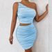 New Cross-border Foreign Trade Women's Clothing, European And American Fashion One-shoulder Ruched Dress, Solid Color_ecoleips.com