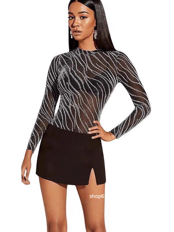 Women's Glossy Sheer Knit Long Sleeve Top – Slim Fit Round Neck Shimmer Blouse For Layering_ecoleips.com