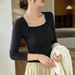 2025 #Superior Choice # Temperament Shoulder Square Neck T-Shirt Women's Long Sleeve 2025 Autumn New Tight Bottom Shirt Top_ecoleips.com