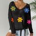 Women's V-neck Pullover Top With Hollow-out Design, Tie-dye Bow, Knitted Outer Layer, And Loose-fitting Sweater_ecoleips.com