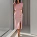 Fashion Royal Sister Style Solid Color Round Neck Waist Split Metal Buttons Summer Dress Women_ecoleips.com