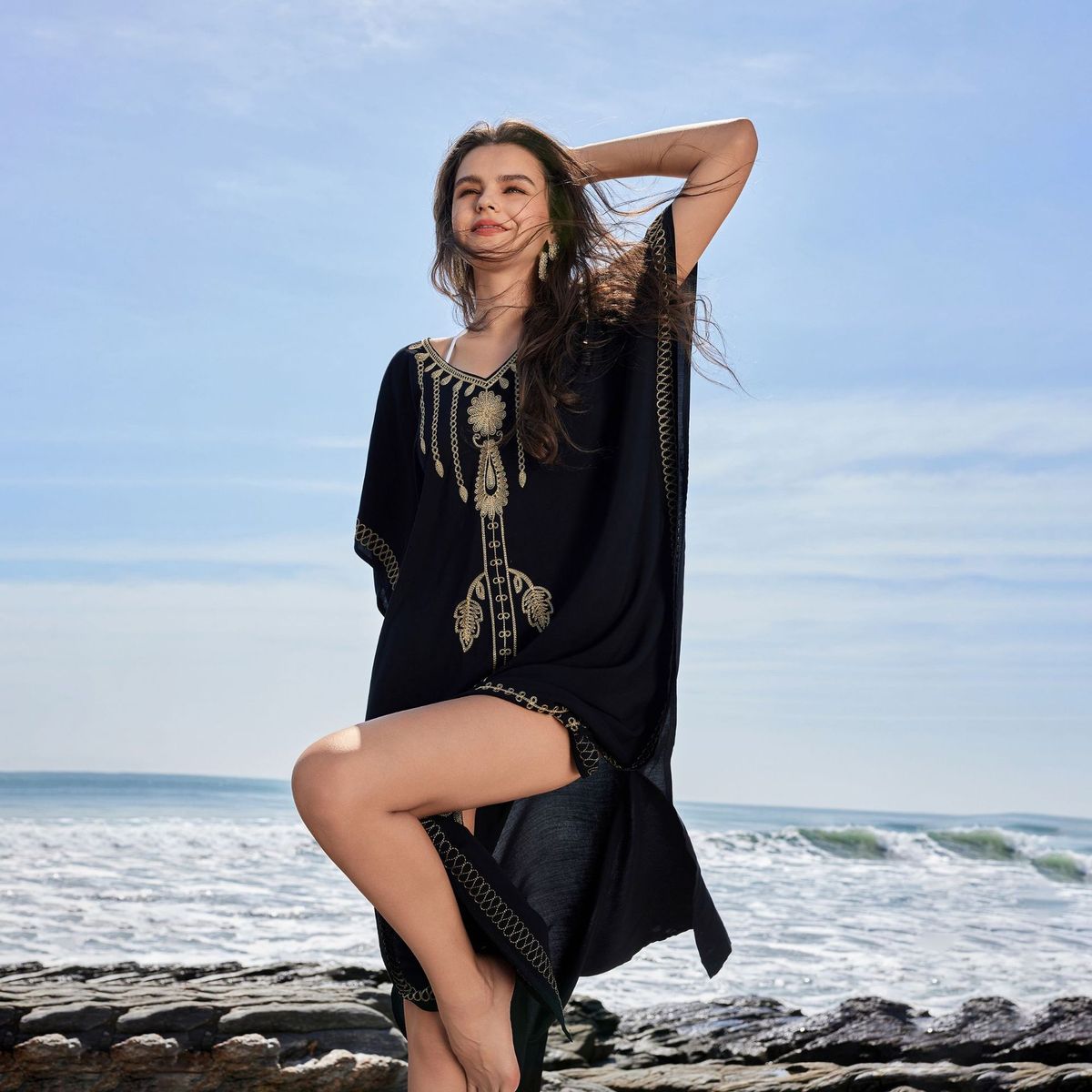 Women's Floral Collar Beach Kaftan - Pullover Bikini Cover-Up With Sun Protection, Summer Swimwear_ecoleips.com
