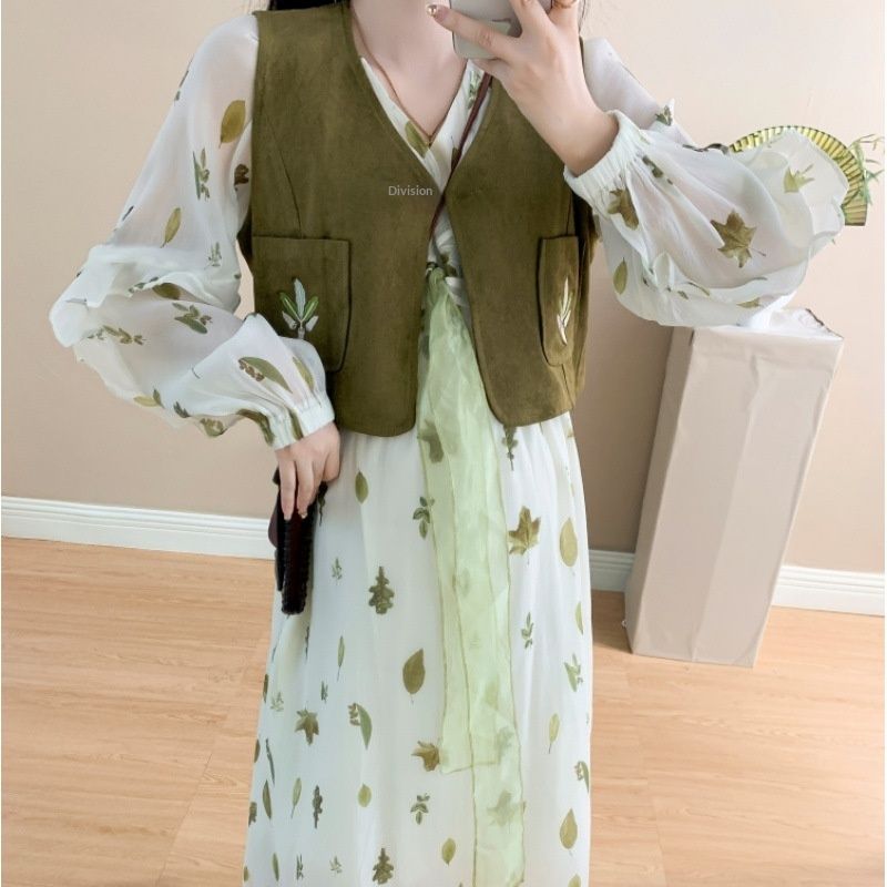 Spring New Korean Fashion Printed Embroidered Vest Two-Piece Maternity Dress_ecoleips.com