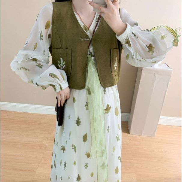 Spring New Korean Fashion Printed Embroidered Vest Two-Piece Maternity Dress_ecoleips.com