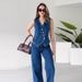 Women's Clothing Sleeveless Single Breasted Denim Straight Pants Two Piece Set_ecoleips.com
