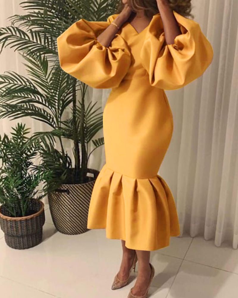 Women's Clothing Large Size Women's Fashion Solid Color V Neck Bubble Long Sleeved Mermaid Skirt Dress_ecoleips.com