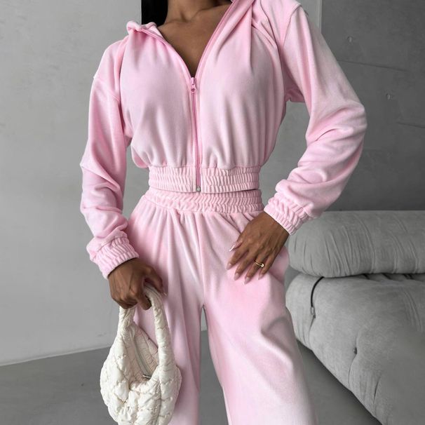 "Elegant Velvet Women's Casual Tracksuit Set - Soft Lounge & Streetwear Outfit For Gym, Yoga & Daily Wear (Pink, Black, Sky Blue, S/M/L)"_ecoleips.com
