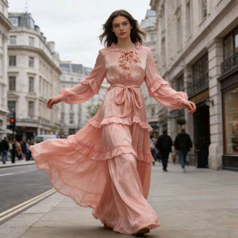 Women's Clothing Women's Long Stand Collar Dress Multi Layer Pearl Ruffle Lace Up Solid Color Resort Style_ecoleips.com