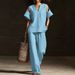 Women's Linen-Blend Distressed V-Neck Two-Piece Set Relaxed Casual Top And Shorts Outfit_ecoleips.com