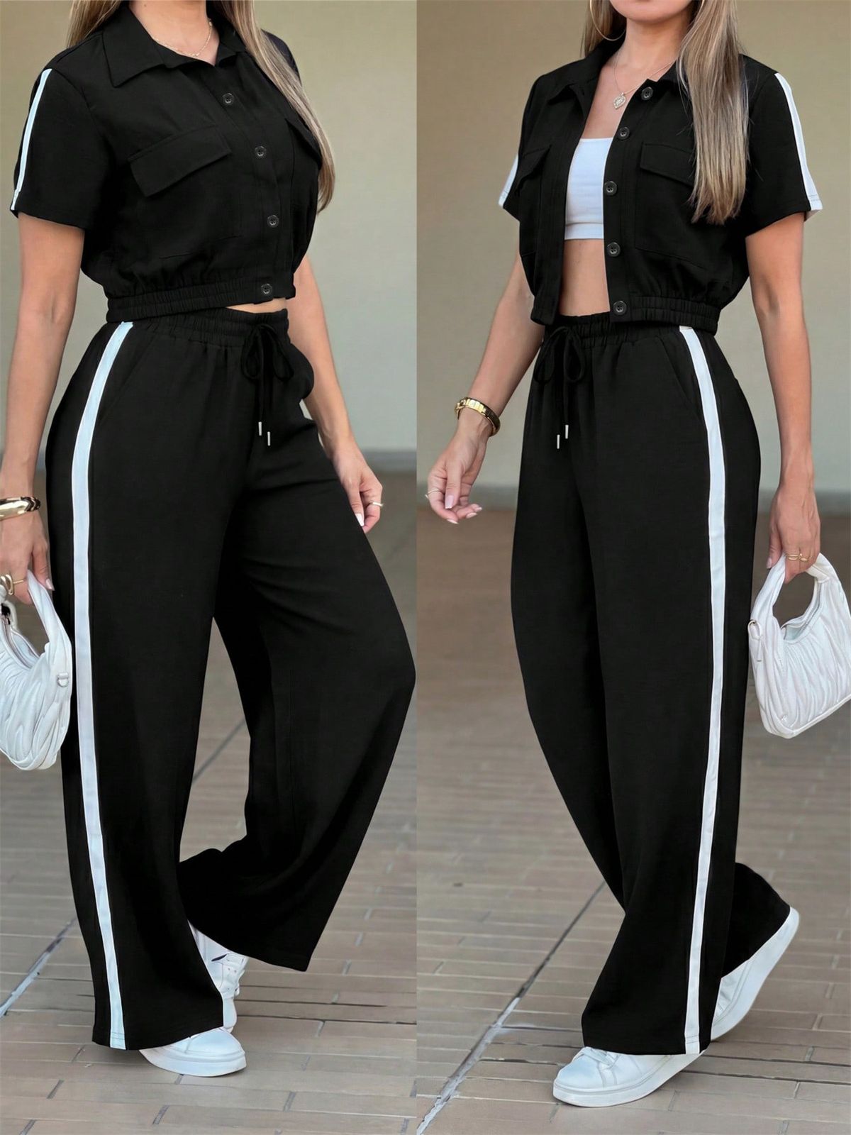 Women's Spring/Summer Suit Set with Open Front Short Sleeve Crop Top And Striped Drawstring Trousers Loose Fitting Pant Ensemble_ecoleips.com