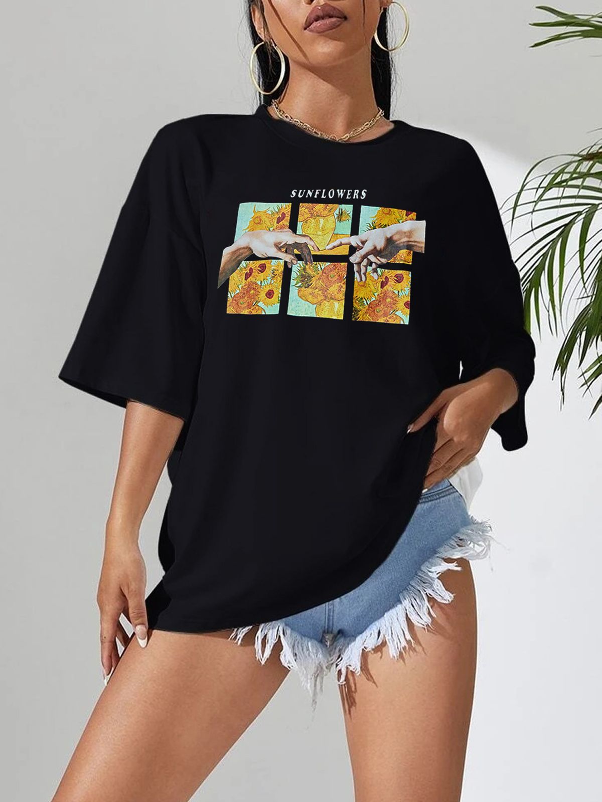 Women's Casual Black T-Shirt Simple round Neck Short Sleeve Breathable Cotton Polyester Floral Print Top for Spring/Autumn Summer_ecoleips.com